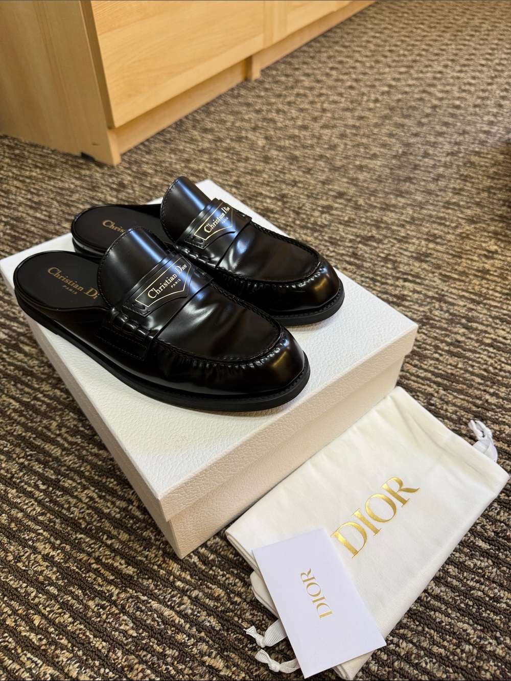 Dior Black Leather Backless Penny Loafers with Branded Plaque